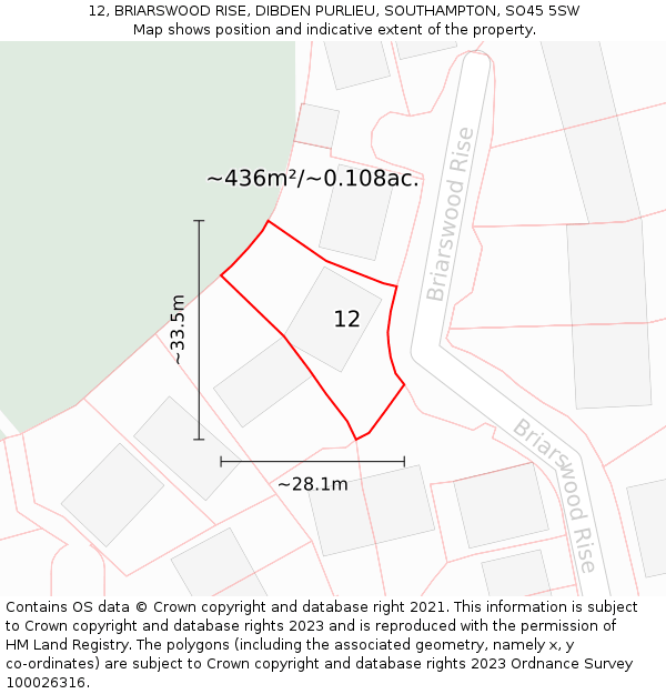 12, BRIARSWOOD RISE, DIBDEN PURLIEU, SOUTHAMPTON, SO45 5SW: Plot and title map