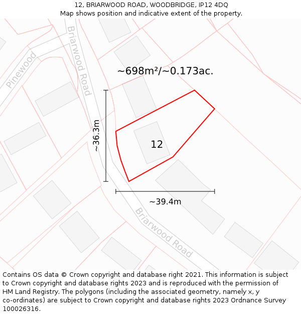 12, BRIARWOOD ROAD, WOODBRIDGE, IP12 4DQ: Plot and title map