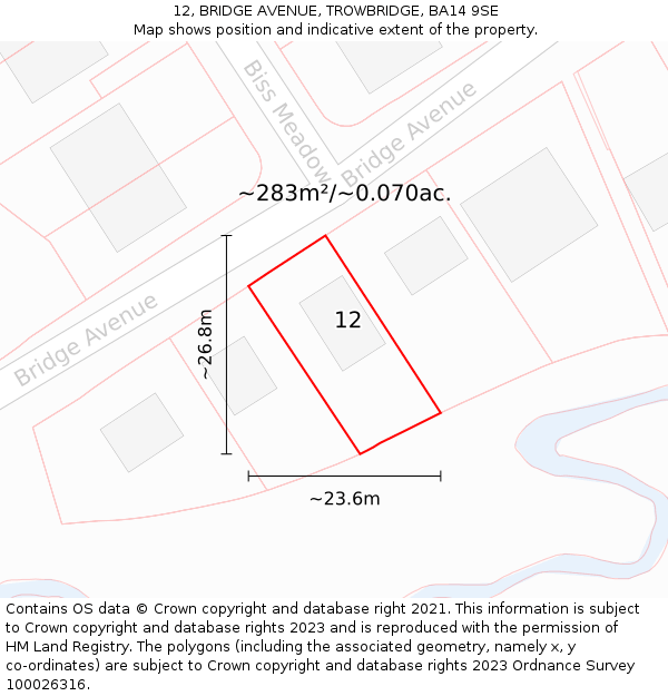 12, BRIDGE AVENUE, TROWBRIDGE, BA14 9SE: Plot and title map