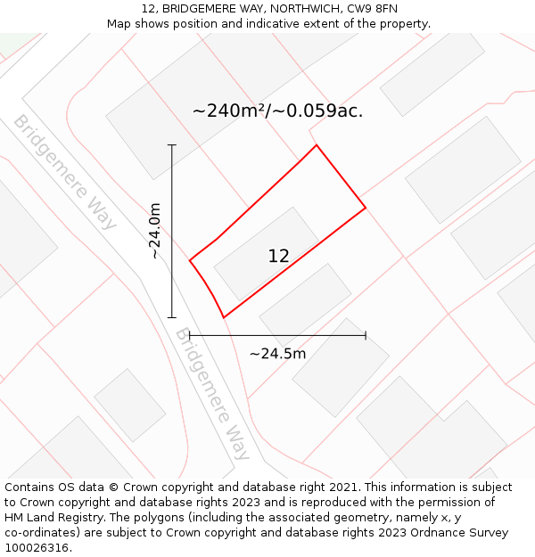 12, BRIDGEMERE WAY, NORTHWICH, CW9 8FN: Plot and title map