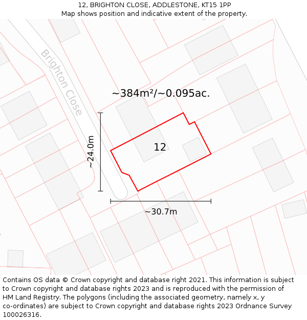 12, BRIGHTON CLOSE, ADDLESTONE, KT15 1PP: Plot and title map