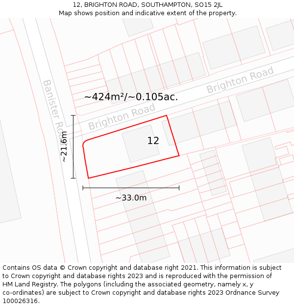 12, BRIGHTON ROAD, SOUTHAMPTON, SO15 2JL: Plot and title map