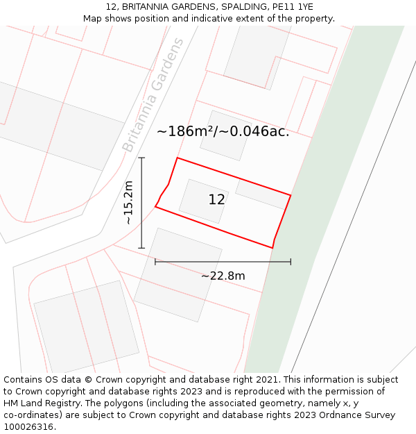 12, BRITANNIA GARDENS, SPALDING, PE11 1YE: Plot and title map