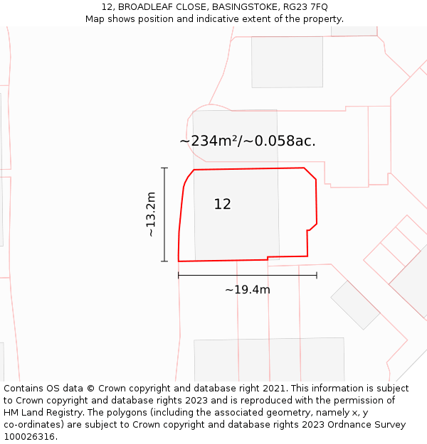 12, BROADLEAF CLOSE, BASINGSTOKE, RG23 7FQ: Plot and title map