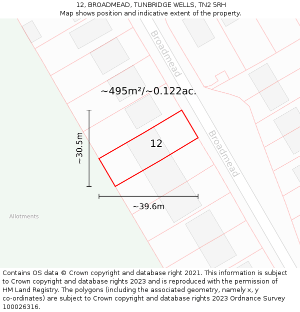 12, BROADMEAD, TUNBRIDGE WELLS, TN2 5RH: Plot and title map