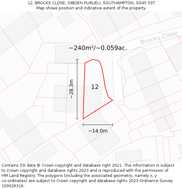 12, BROCKS CLOSE, DIBDEN PURLIEU, SOUTHAMPTON, SO45 5ST: Plot and title map