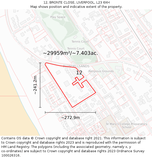 12, BRONTE CLOSE, LIVERPOOL, L23 6XH: Plot and title map