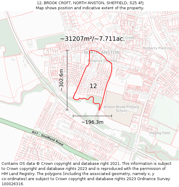 12, BROOK CROFT, NORTH ANSTON, SHEFFIELD, S25 4FJ: Plot and title map