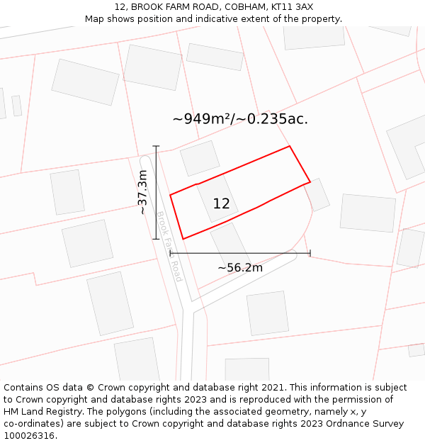 12, BROOK FARM ROAD, COBHAM, KT11 3AX: Plot and title map