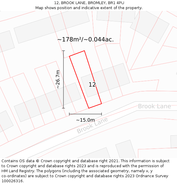 12, BROOK LANE, BROMLEY, BR1 4PU: Plot and title map