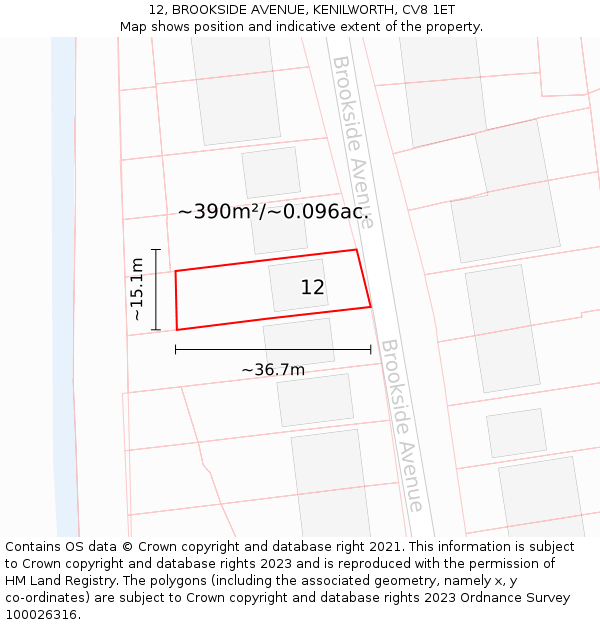 12, BROOKSIDE AVENUE, KENILWORTH, CV8 1ET: Plot and title map