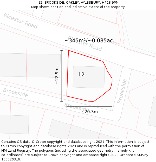 12, BROOKSIDE, OAKLEY, AYLESBURY, HP18 9PN: Plot and title map