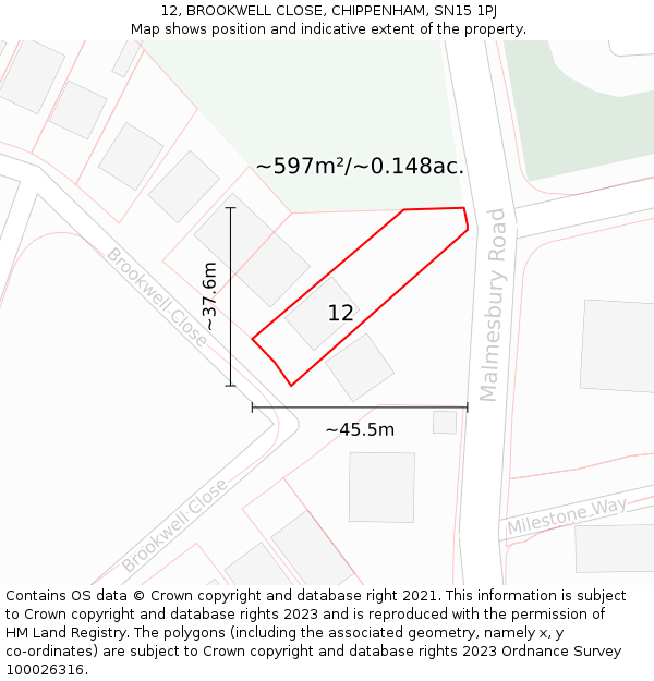 12, BROOKWELL CLOSE, CHIPPENHAM, SN15 1PJ: Plot and title map