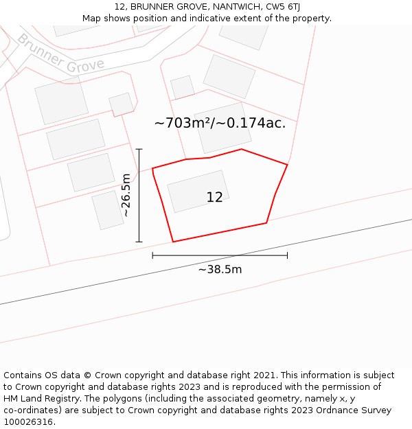 12, BRUNNER GROVE, NANTWICH, CW5 6TJ: Plot and title map