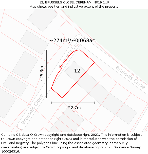 12, BRUSSELS CLOSE, DEREHAM, NR19 1UR: Plot and title map