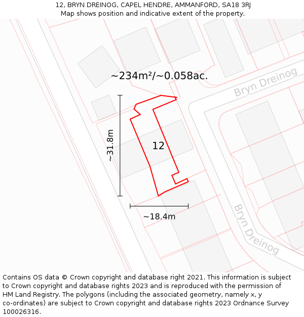 12, BRYN DREINOG, CAPEL HENDRE, AMMANFORD, SA18 3RJ: Plot and title map