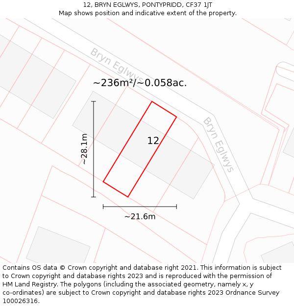 12, BRYN EGLWYS, PONTYPRIDD, CF37 1JT: Plot and title map