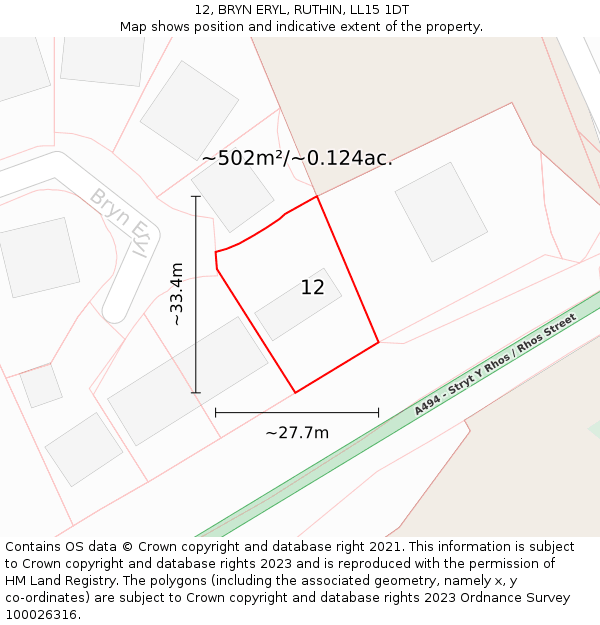 12, BRYN ERYL, RUTHIN, LL15 1DT: Plot and title map