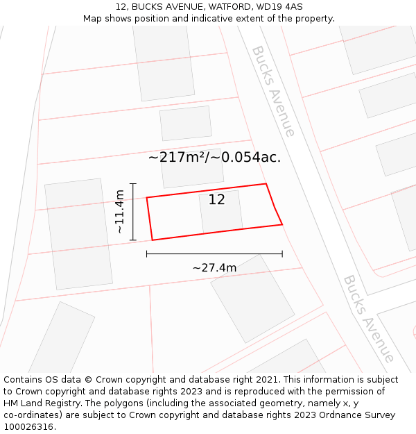 12, BUCKS AVENUE, WATFORD, WD19 4AS: Plot and title map