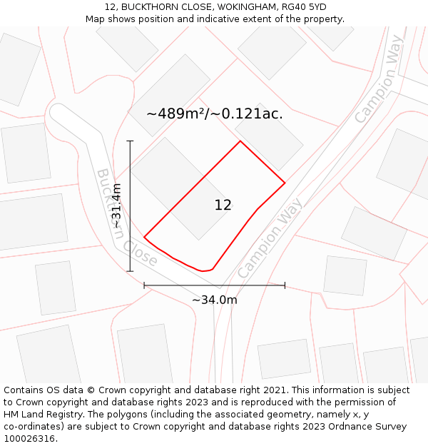 12, BUCKTHORN CLOSE, WOKINGHAM, RG40 5YD: Plot and title map