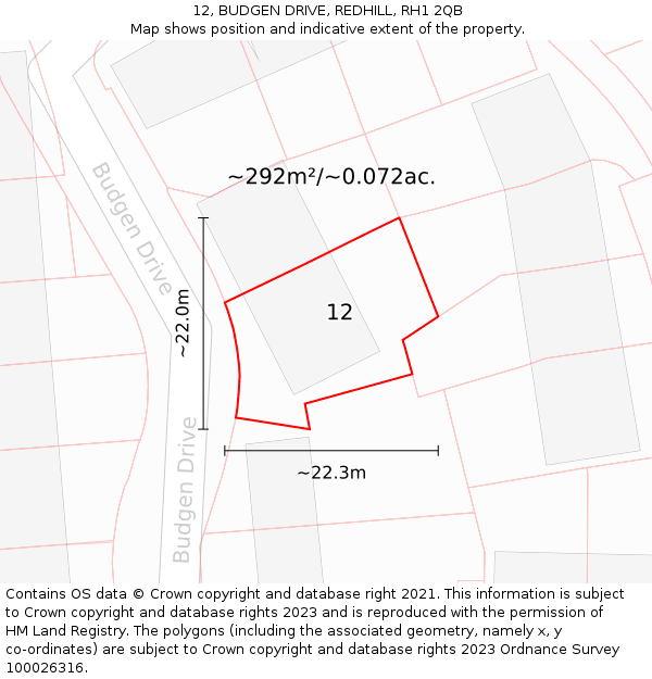 12, BUDGEN DRIVE, REDHILL, RH1 2QB: Plot and title map