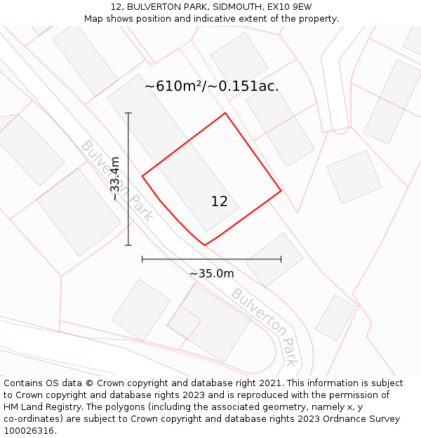 12, BULVERTON PARK, SIDMOUTH, EX10 9EW: Plot and title map