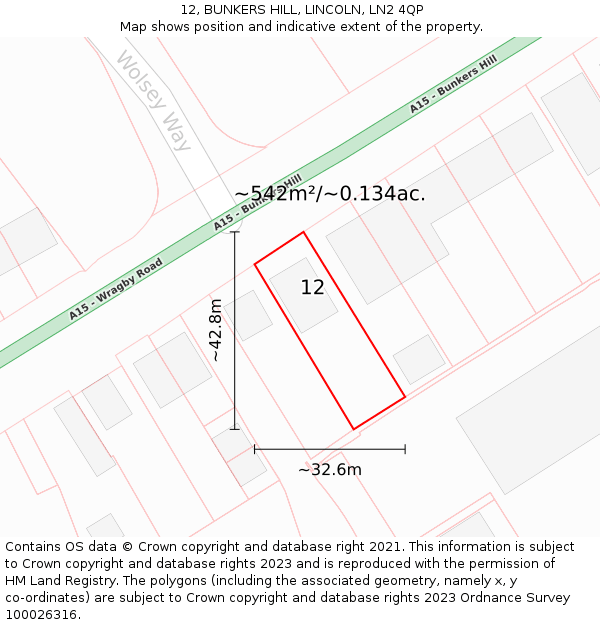 12, BUNKERS HILL, LINCOLN, LN2 4QP: Plot and title map