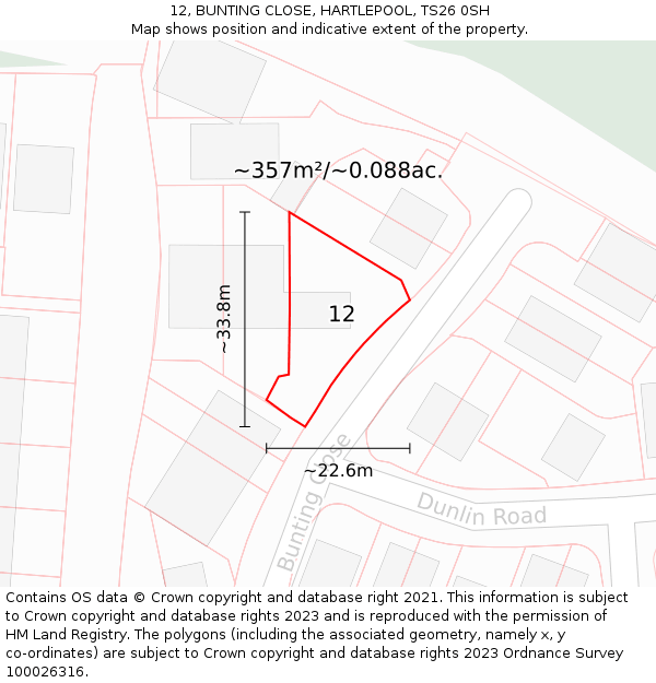 12, BUNTING CLOSE, HARTLEPOOL, TS26 0SH: Plot and title map