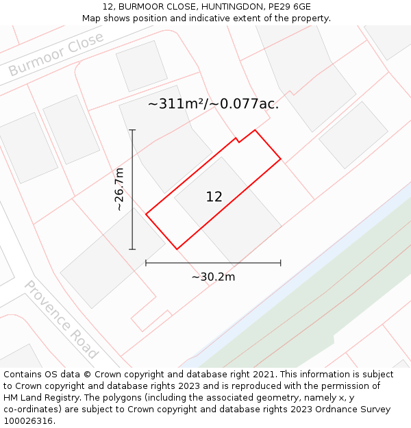 12, BURMOOR CLOSE, HUNTINGDON, PE29 6GE: Plot and title map