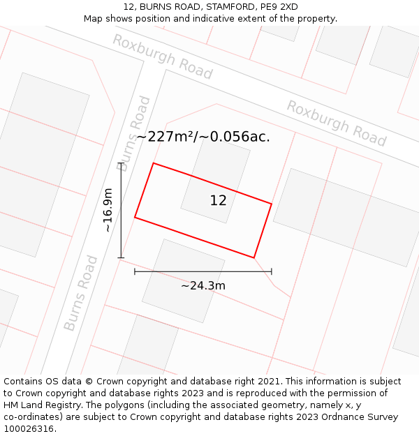 12, BURNS ROAD, STAMFORD, PE9 2XD: Plot and title map