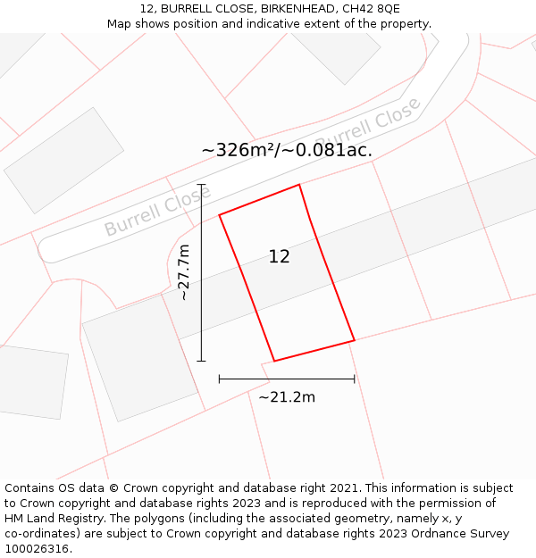 12, BURRELL CLOSE, BIRKENHEAD, CH42 8QE: Plot and title map