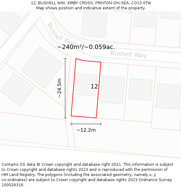 12, BUSHELL WAY, KIRBY CROSS, FRINTON-ON-SEA, CO13 0TW: Plot and title map