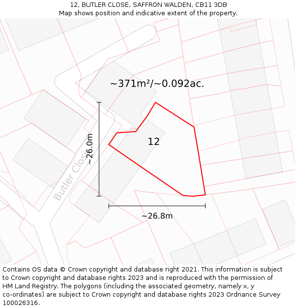 12, BUTLER CLOSE, SAFFRON WALDEN, CB11 3DB: Plot and title map