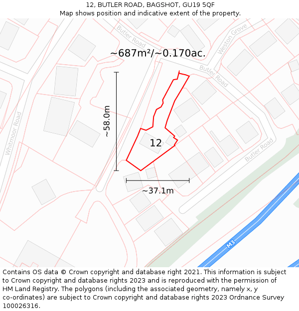 12, BUTLER ROAD, BAGSHOT, GU19 5QF: Plot and title map