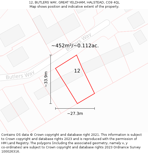 12, BUTLERS WAY, GREAT YELDHAM, HALSTEAD, CO9 4QL: Plot and title map
