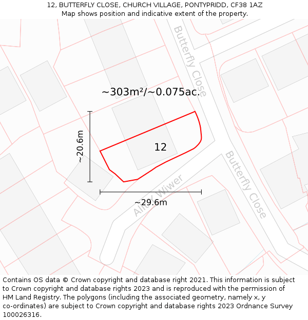 12, BUTTERFLY CLOSE, CHURCH VILLAGE, PONTYPRIDD, CF38 1AZ: Plot and title map