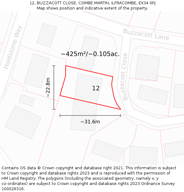 12, BUZZACOTT CLOSE, COMBE MARTIN, ILFRACOMBE, EX34 0PJ: Plot and title map