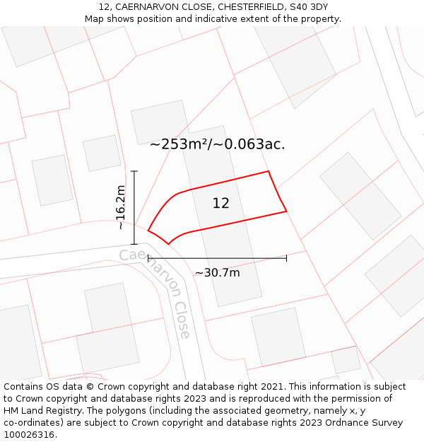 12, CAERNARVON CLOSE, CHESTERFIELD, S40 3DY: Plot and title map