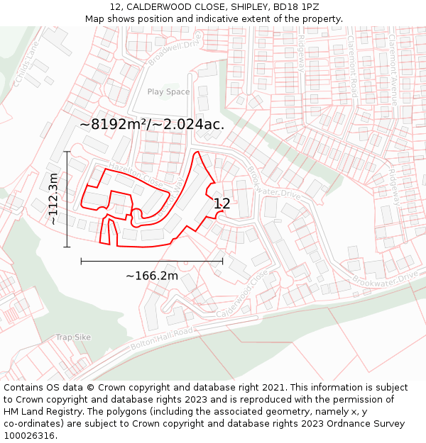 12, CALDERWOOD CLOSE, SHIPLEY, BD18 1PZ: Plot and title map