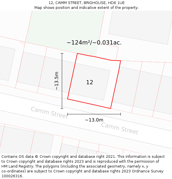 12, CAMM STREET, BRIGHOUSE, HD6 1UE: Plot and title map