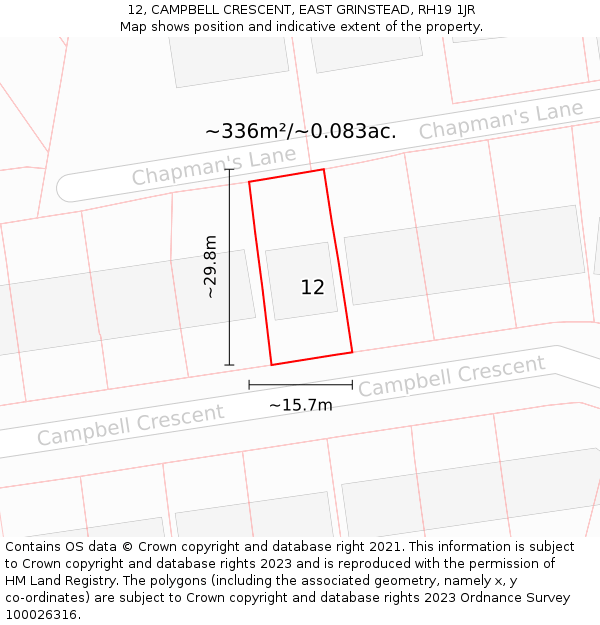 12, CAMPBELL CRESCENT, EAST GRINSTEAD, RH19 1JR: Plot and title map