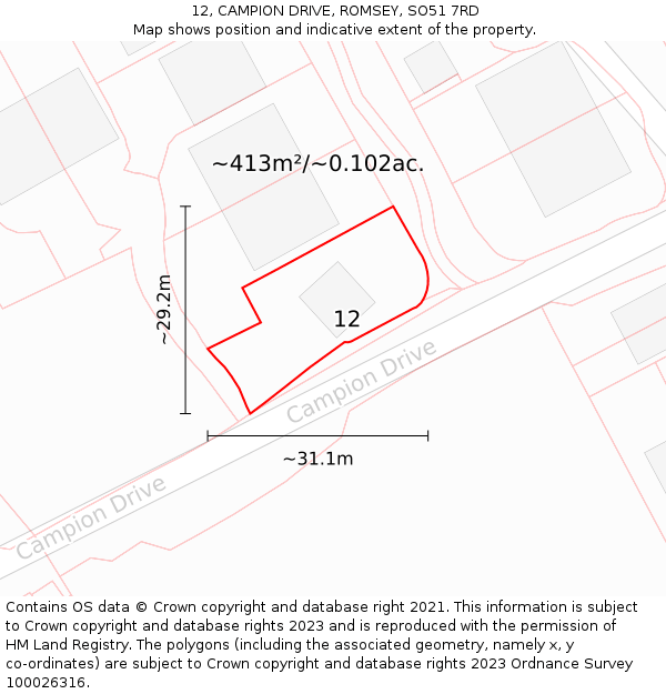 12, CAMPION DRIVE, ROMSEY, SO51 7RD: Plot and title map