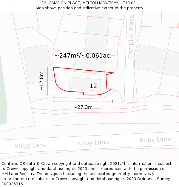 12, CAMPION PLACE, MELTON MOWBRAY, LE13 0FH: Plot and title map