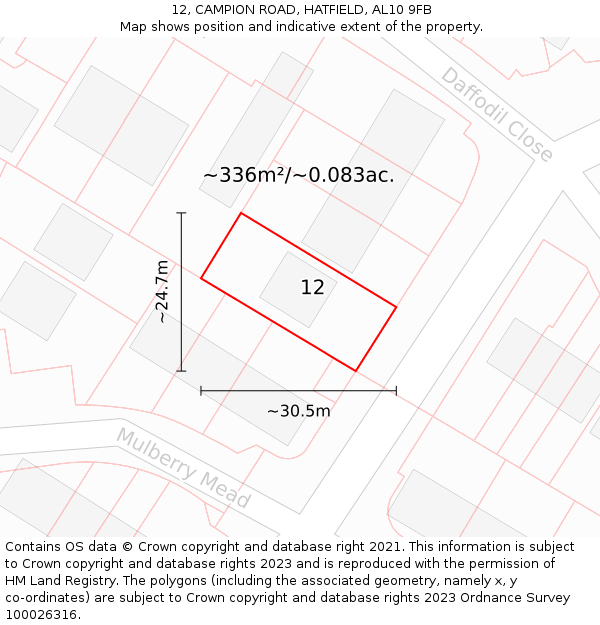 12, CAMPION ROAD, HATFIELD, AL10 9FB: Plot and title map