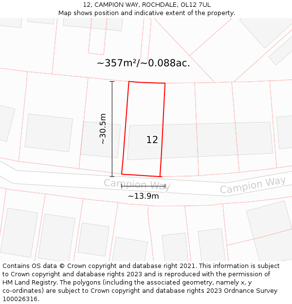 12, CAMPION WAY, ROCHDALE, OL12 7UL: Plot and title map