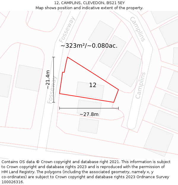 12, CAMPLINS, CLEVEDON, BS21 5EY: Plot and title map