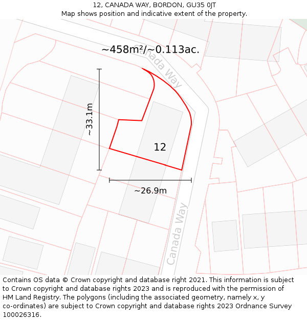 12, CANADA WAY, BORDON, GU35 0JT: Plot and title map