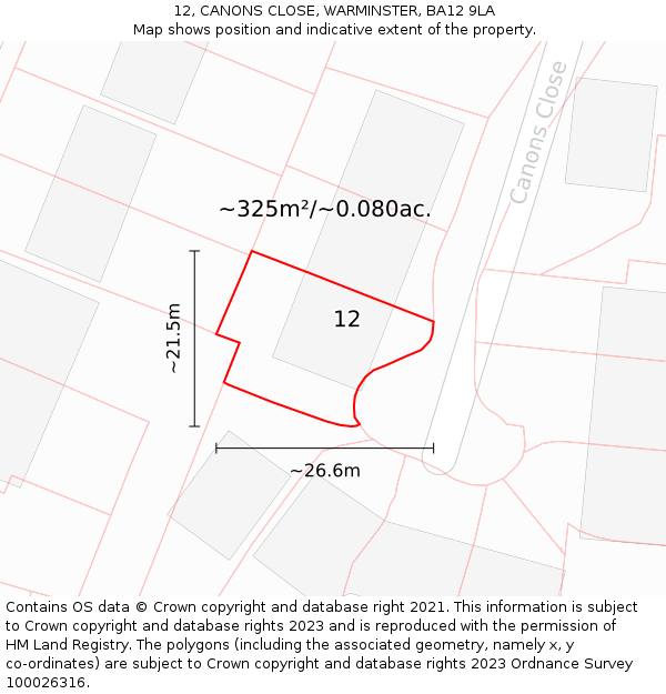 12, CANONS CLOSE, WARMINSTER, BA12 9LA: Plot and title map