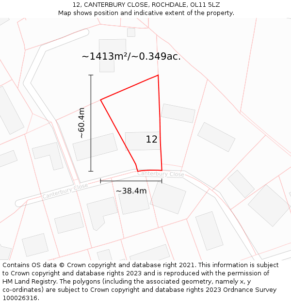 12, CANTERBURY CLOSE, ROCHDALE, OL11 5LZ: Plot and title map