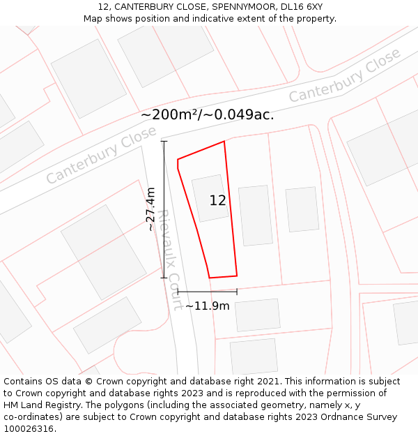 12, CANTERBURY CLOSE, SPENNYMOOR, DL16 6XY: Plot and title map